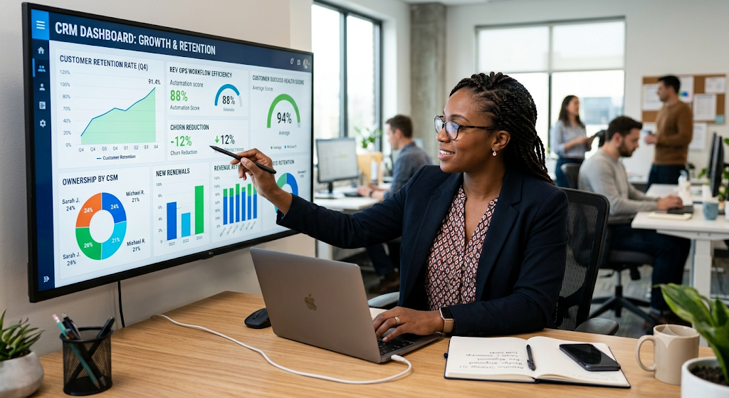 Black woman analyzing a CRM dashboard, illustrating how Customer Success, customer ownership, and RevOps workflows improve customer retention and operational efficiency.